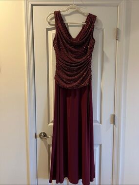 R&M Richards Wine Sequin Drape-Front Maxi Dress